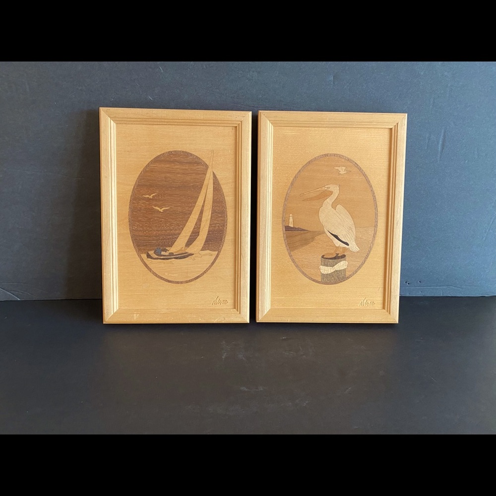 Wood Inlay Wall Art Decor Sailboat and Pelican